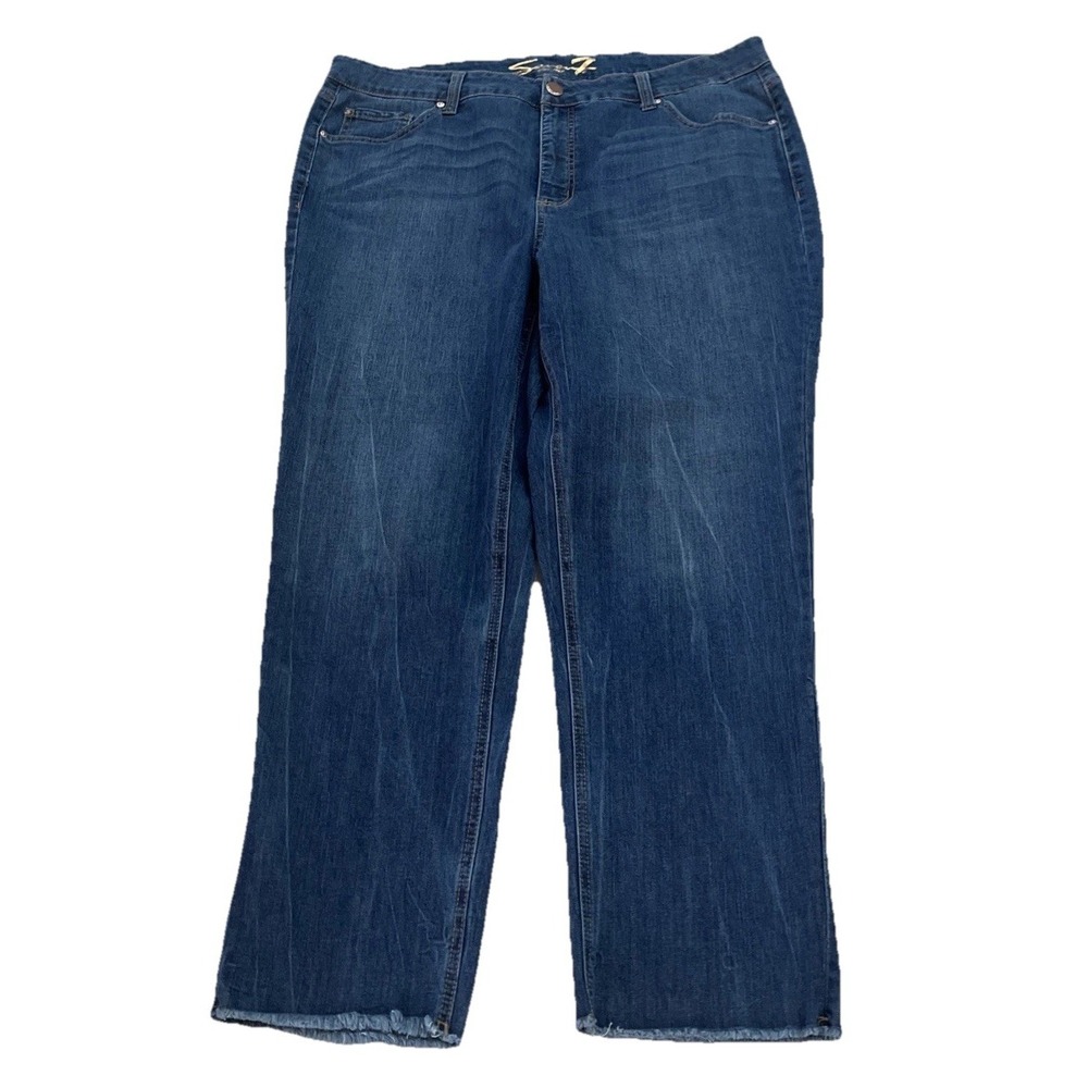 Seven7 Denim Jeans Slim Straight Women's 20W Blue Dark‎ Wash High Rise Fray Hem